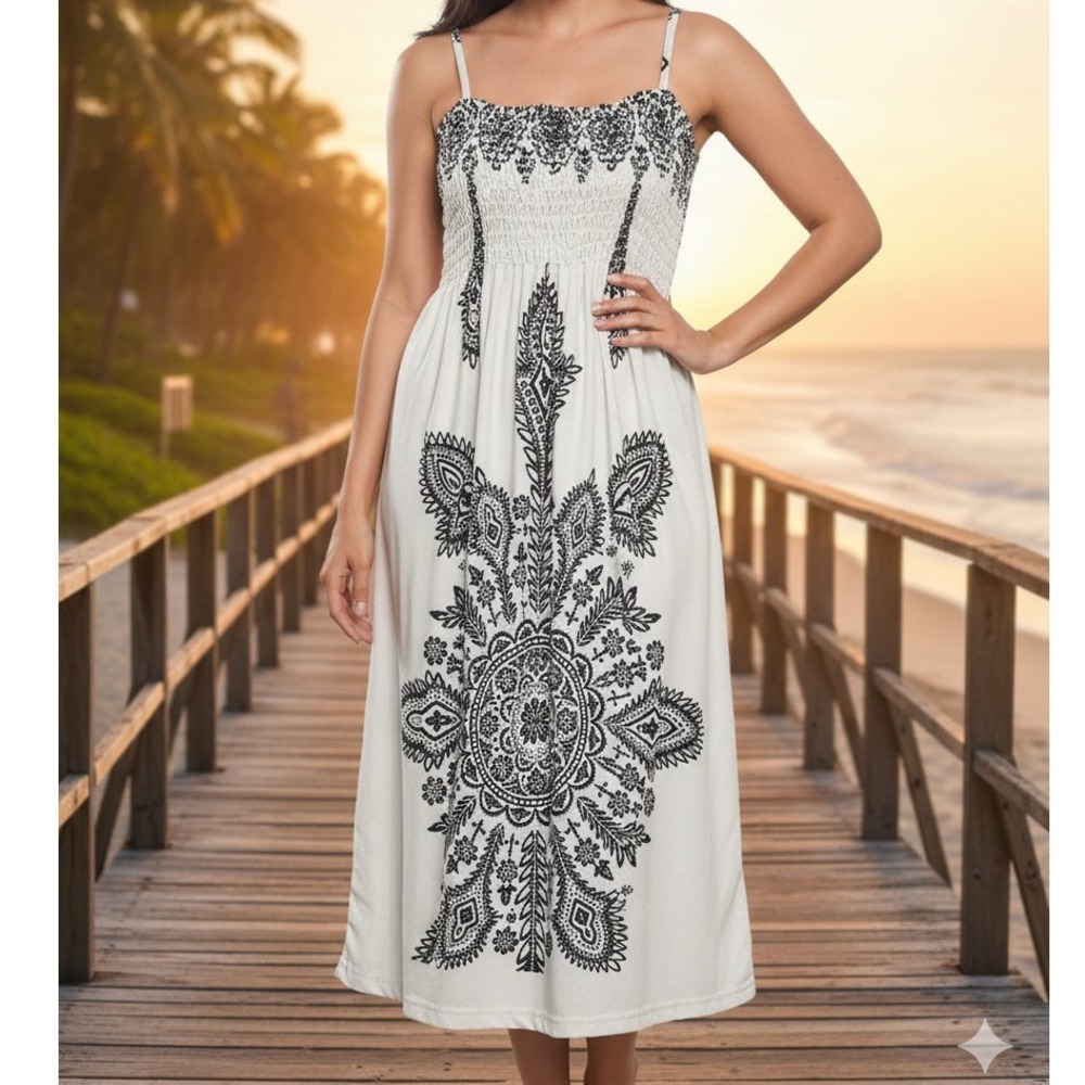 India Boutique‎ Smocked Bodice Maxi Dress Black White Boho Paisley Print